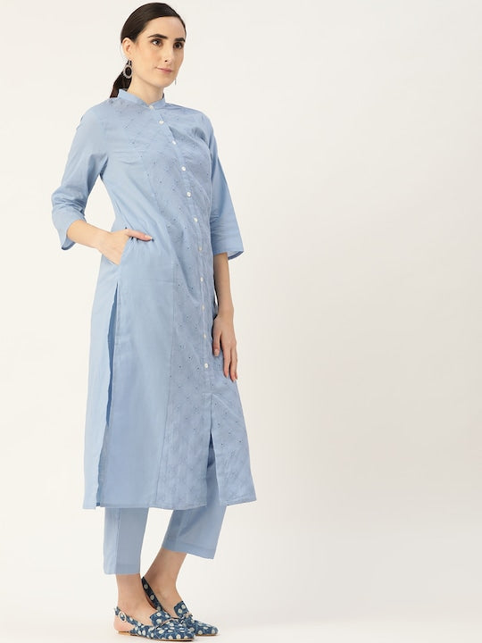 Anouk Women Blue Ethnic Motifs Embroidered Panelled Pure Cotton Kurta with Trousers