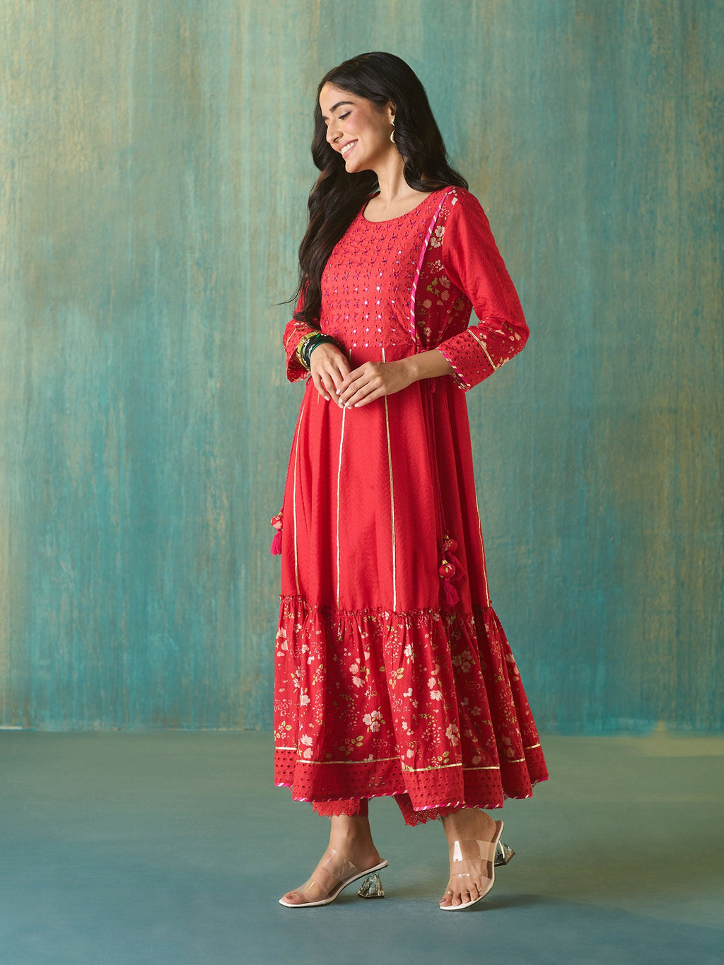 Likha Red Schiffli Mirror Work Anarkali Set and Dupatta LIKSKD166 (Set of 3)