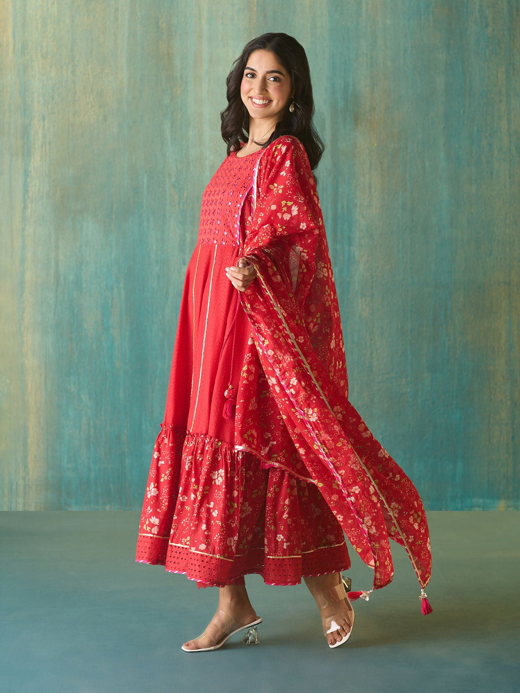 Likha Red Schiffli Mirror Work Anarkali Set and Dupatta LIKSKD166 (Set of 3)
