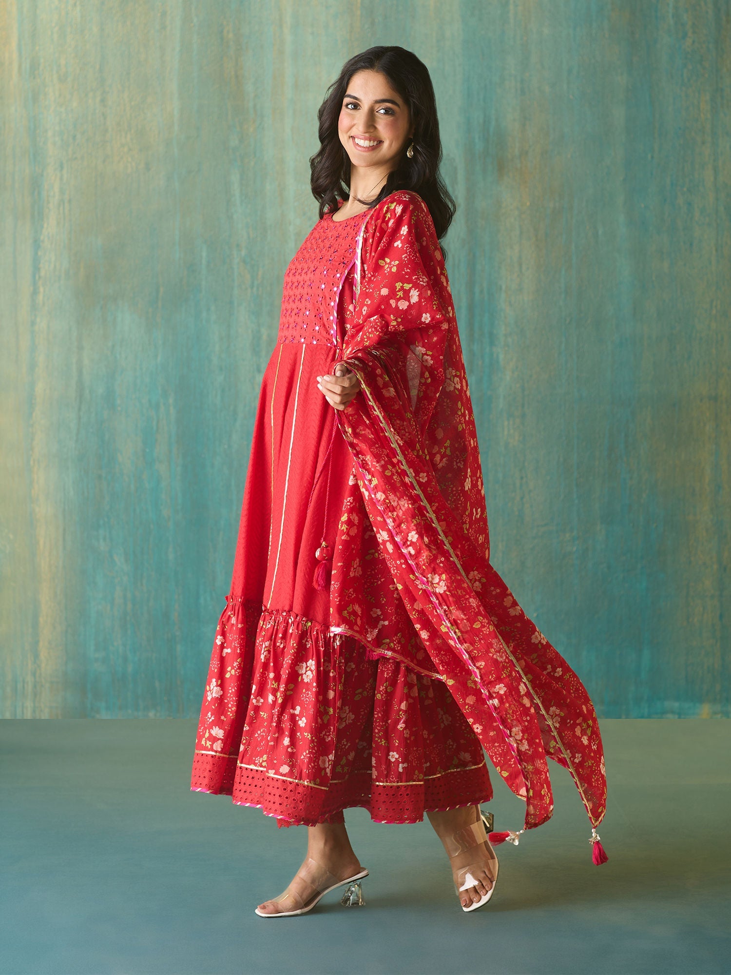 Likha Red Schiffli Mirror Work Anarkali Set and Dupatta LIKSKD166 (Set of 3)