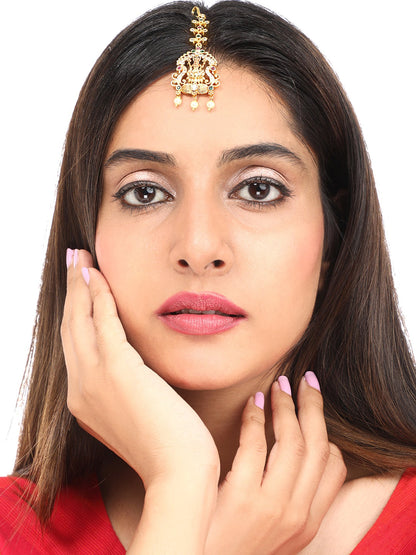 Yellow Chimes Women Gold-Polished White & Red Ad Studded Handcrafted Maang Tikka