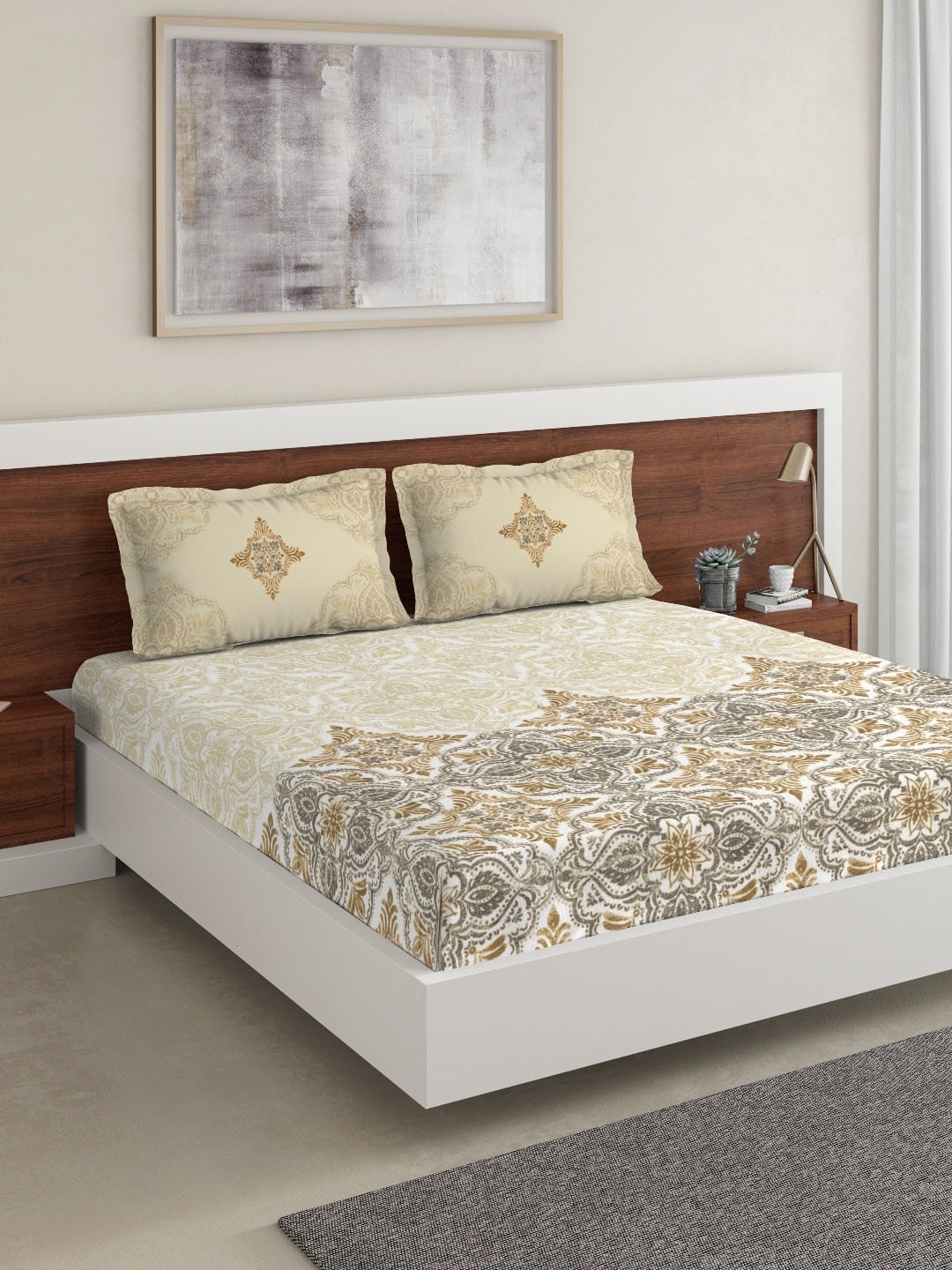 DDecor Beige & Grey Ethnic Motifs 180 TC Cotton 1 King Bedsheet with 2 Pillow Covers