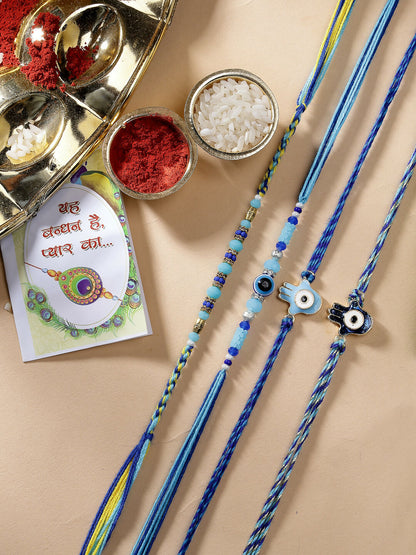 NVR Women & Men Set of 4 Blue Evil Eye Charm Rakhi With Roli Chawal & Chocolate