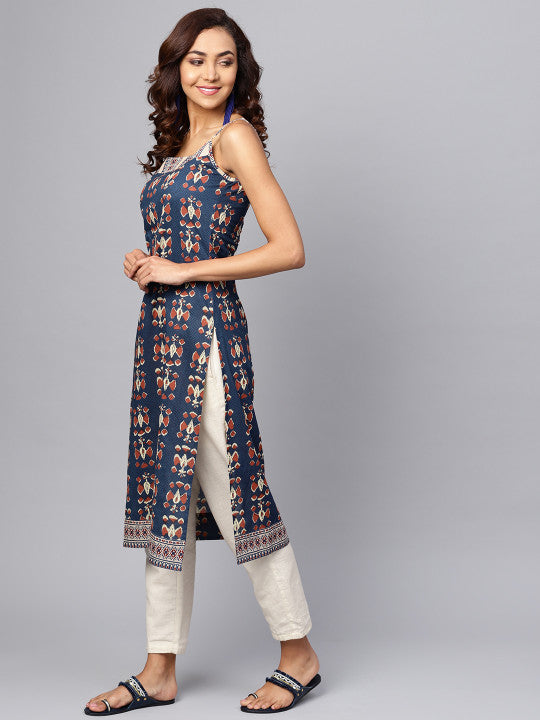 Anayna Women Navy Blue & Rust Orange Printed Straight Kurta