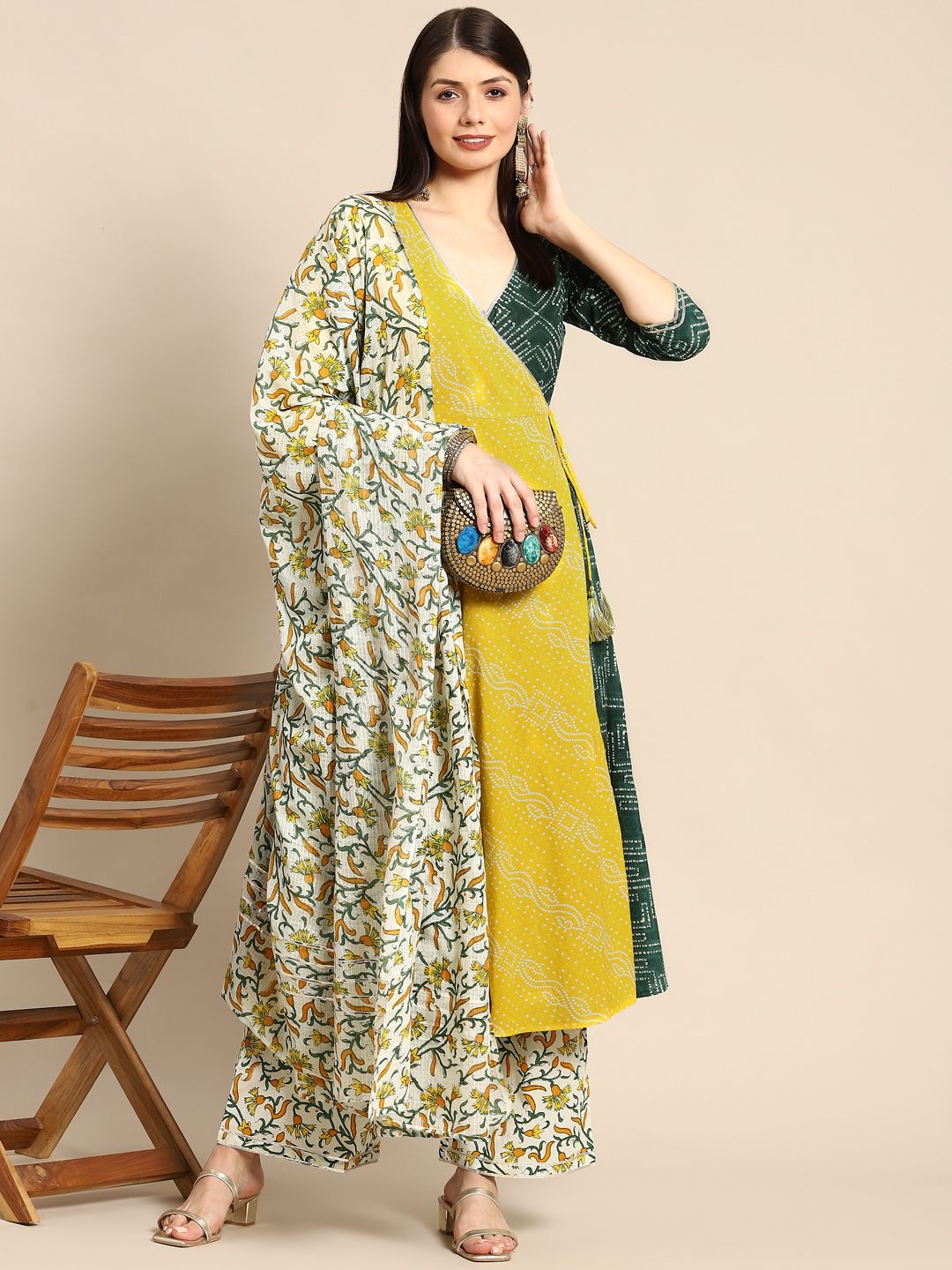 Anayna Women Yellow Bandhani Printed Angrakha Pure Cotton Kurta with Trousers & Dupatta