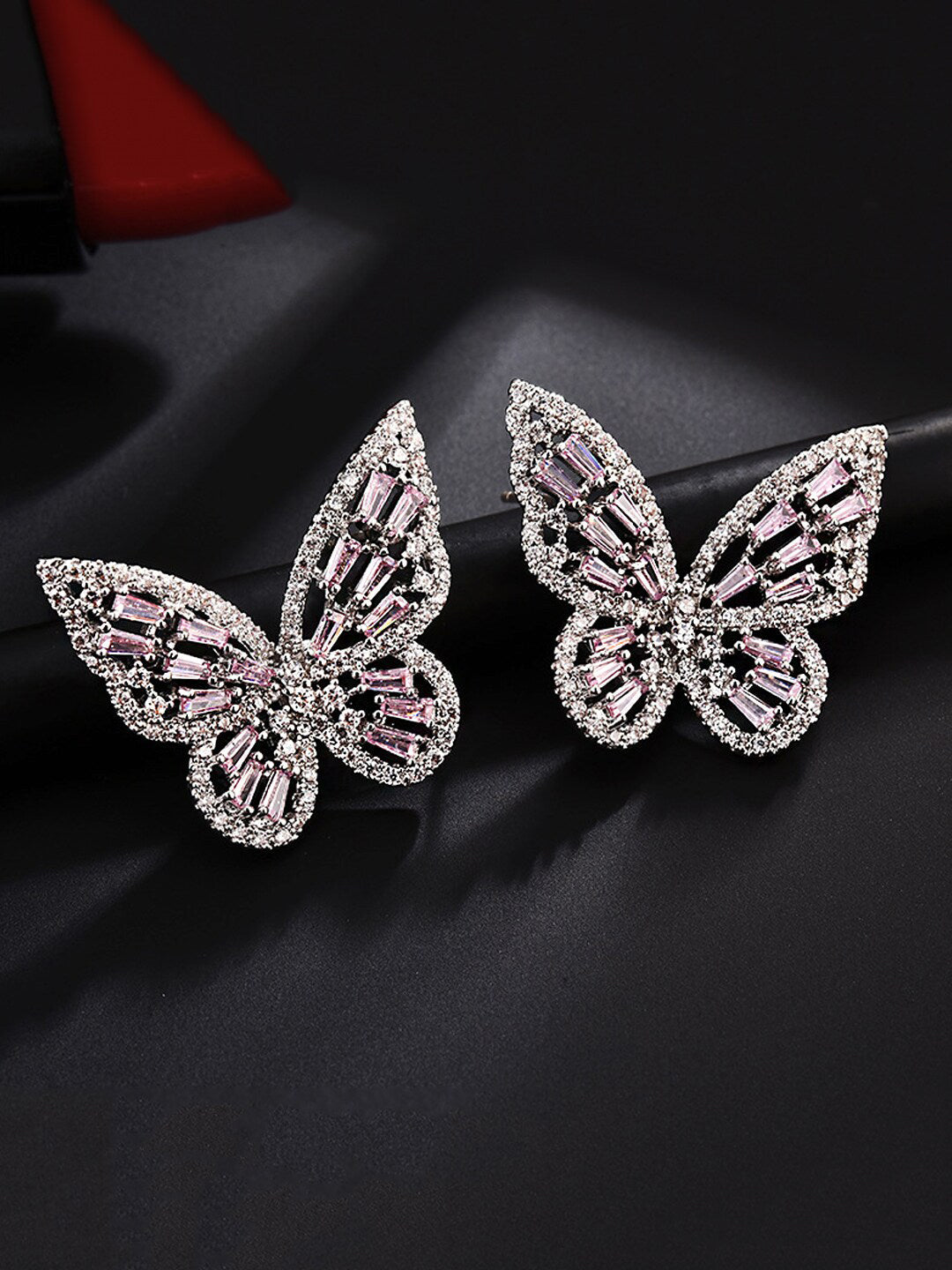Yellow Chimes Silver-Toned & Pink Quirky Butterfly Studs Earrings