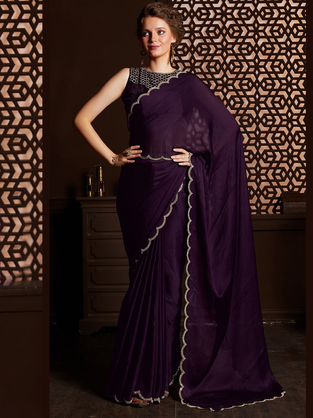 Saree Mall Embellished Border Pure Chiffon Sarees