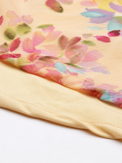Souchii Peach-Coloured Floral Layered Chiffon Beautiful A-Line Midi Dress