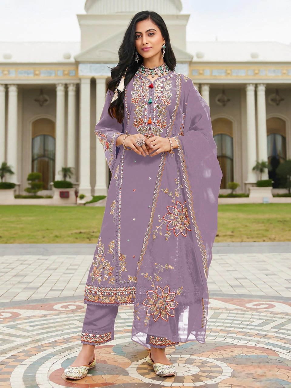 Anaita Purple Cotton Stitched Suit with Embroidery Viscose Multi Thread Work