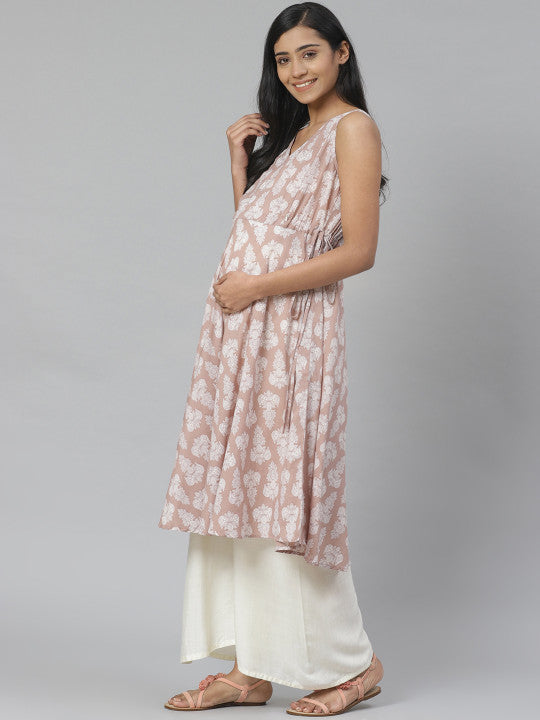 Anayna Women Beige & White Printed Anarkali Maternity Kurta