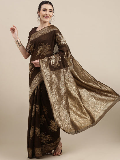 Saree Mall Brown Floral Linen Blend Banarasi Saree