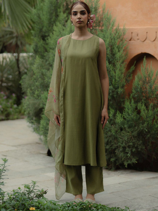 Anayna Round Neck Regular Silk A-Line Kurta with Trousers & Dupatta
