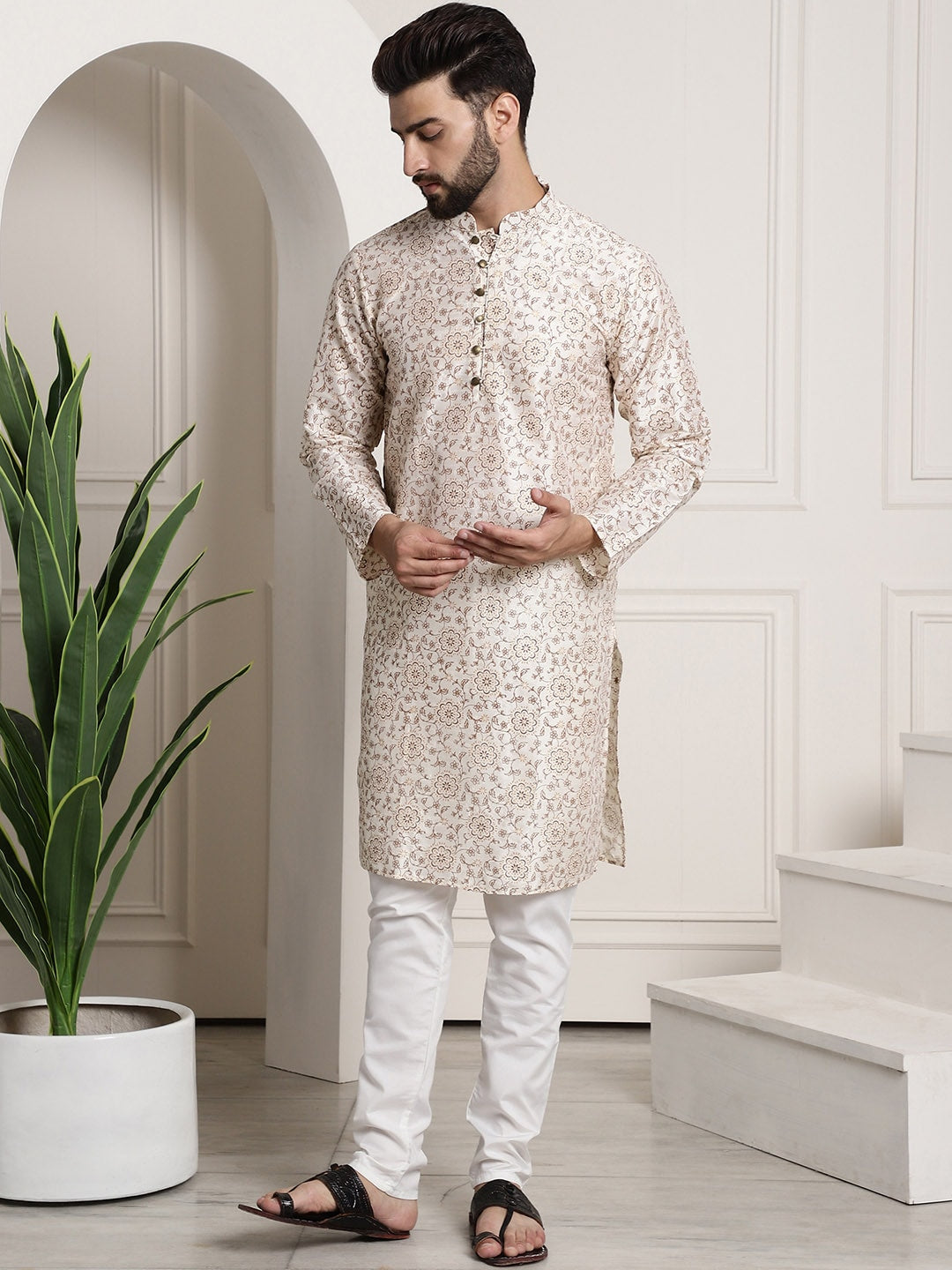 Sojanya Men Cream-Coloured & Brown Silk Cotton Printed Regular Kurta with Churidar