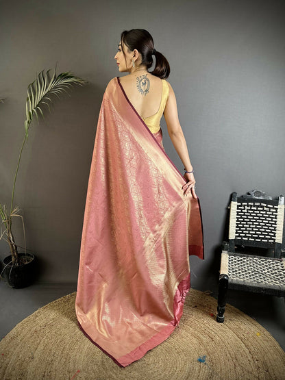 Joban Fashion Rose Gold Paisley & Floral Soft Satin Silk Banarasi Silk Saree