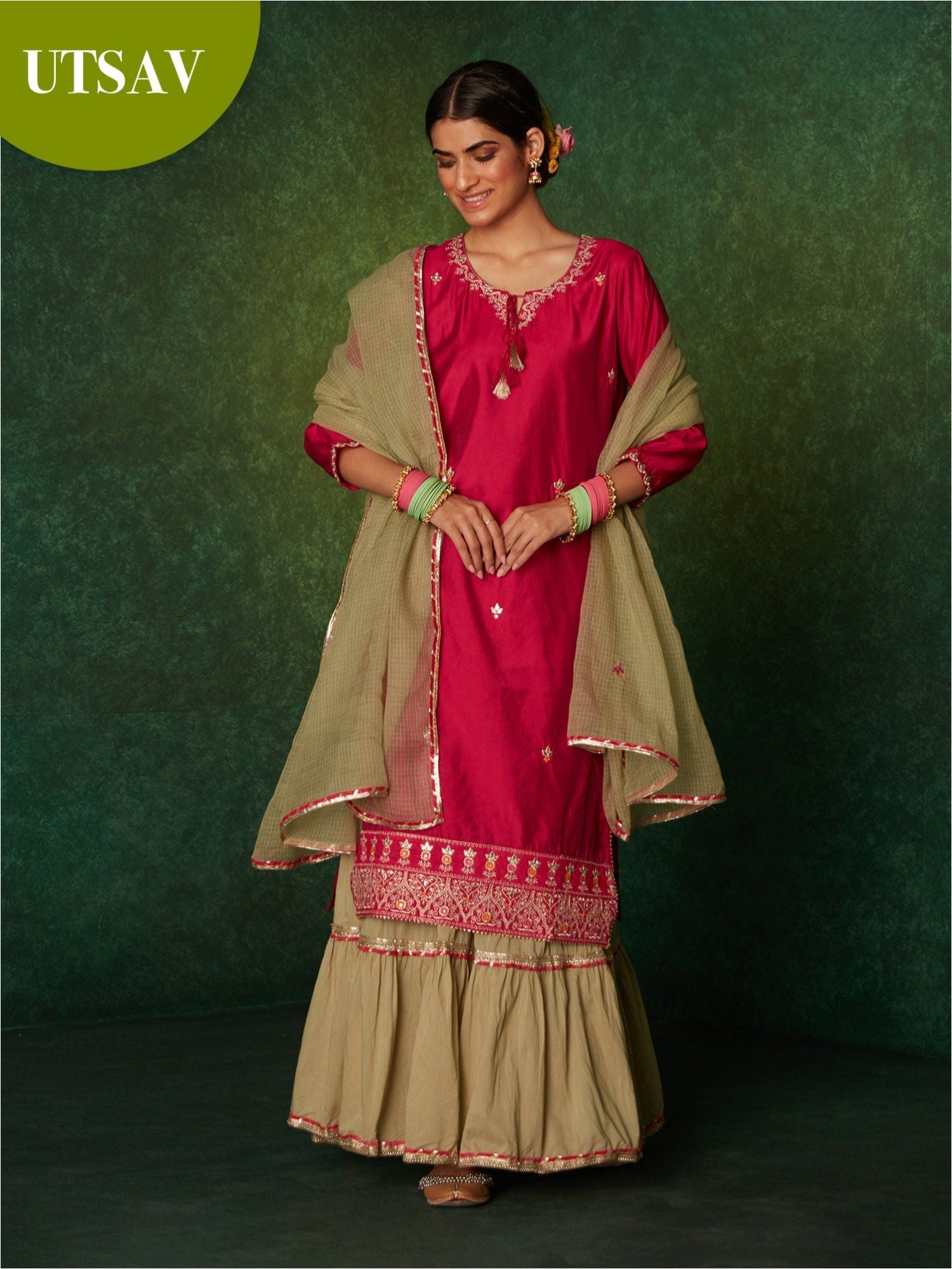 Likha Teej - Tehwar Pink Floral Zari Work Kurta Sharara & Dupatta LIKSKD146 (Set of 3)