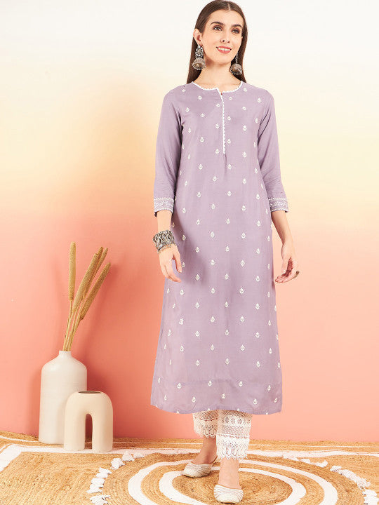 Sangria Ethnic Motifs Printed Round Neck Straight Kurta