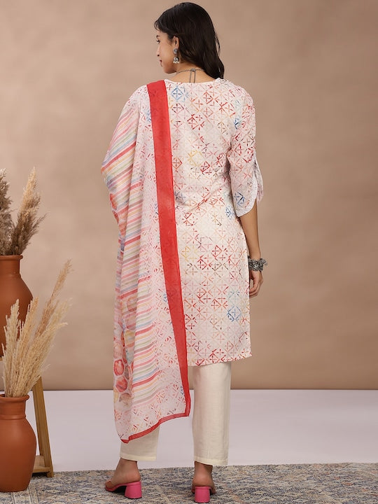 Fabmora Women Printed Regular Pure Cotton Kurta with Trousers & With Dupatta