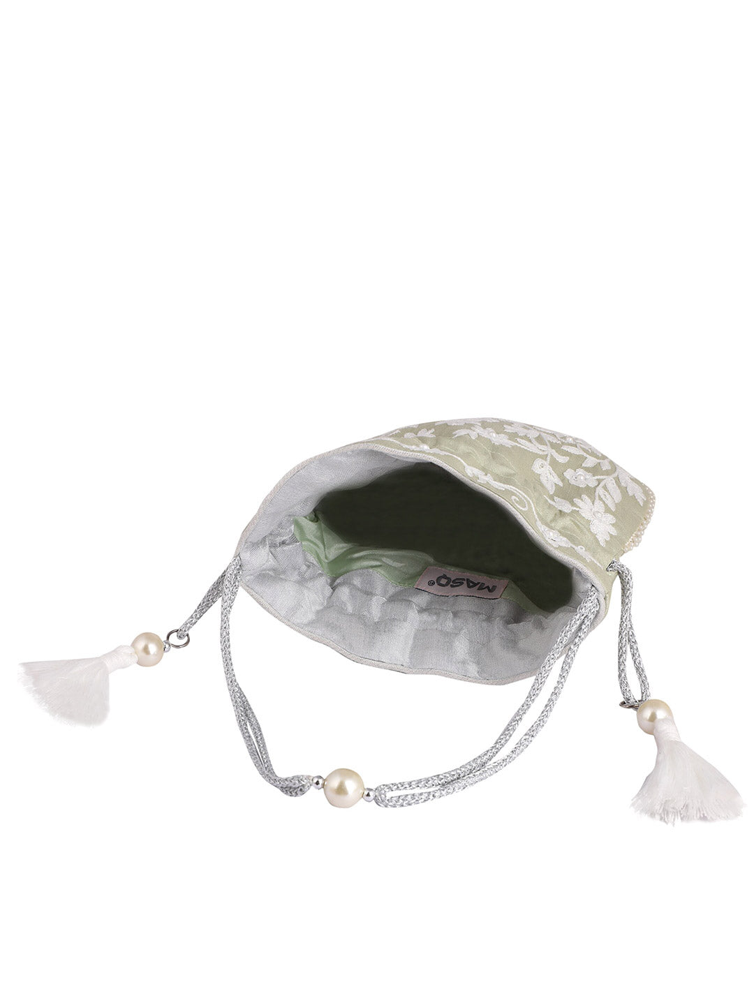 Masq Green & White Embellished Embroidered Potli Clutch
