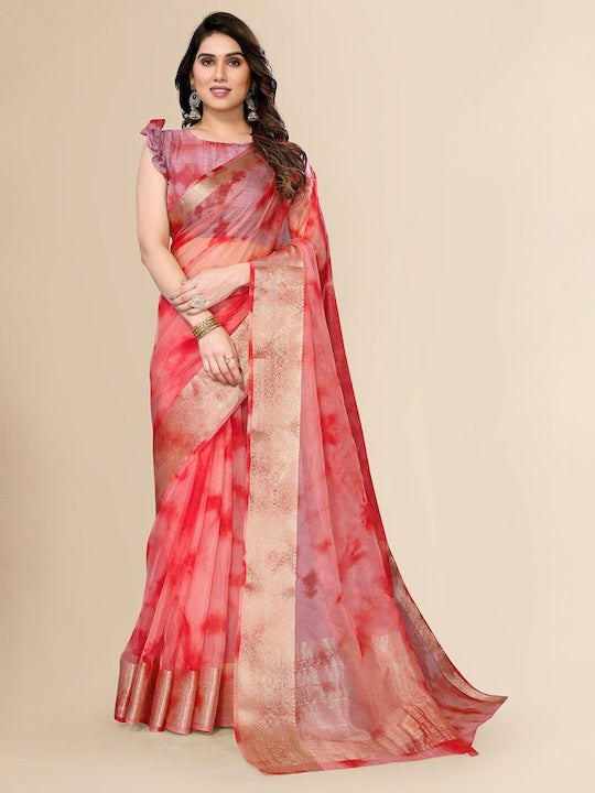 Fabmora Tie and Dye Dyed Zari Organza Saree