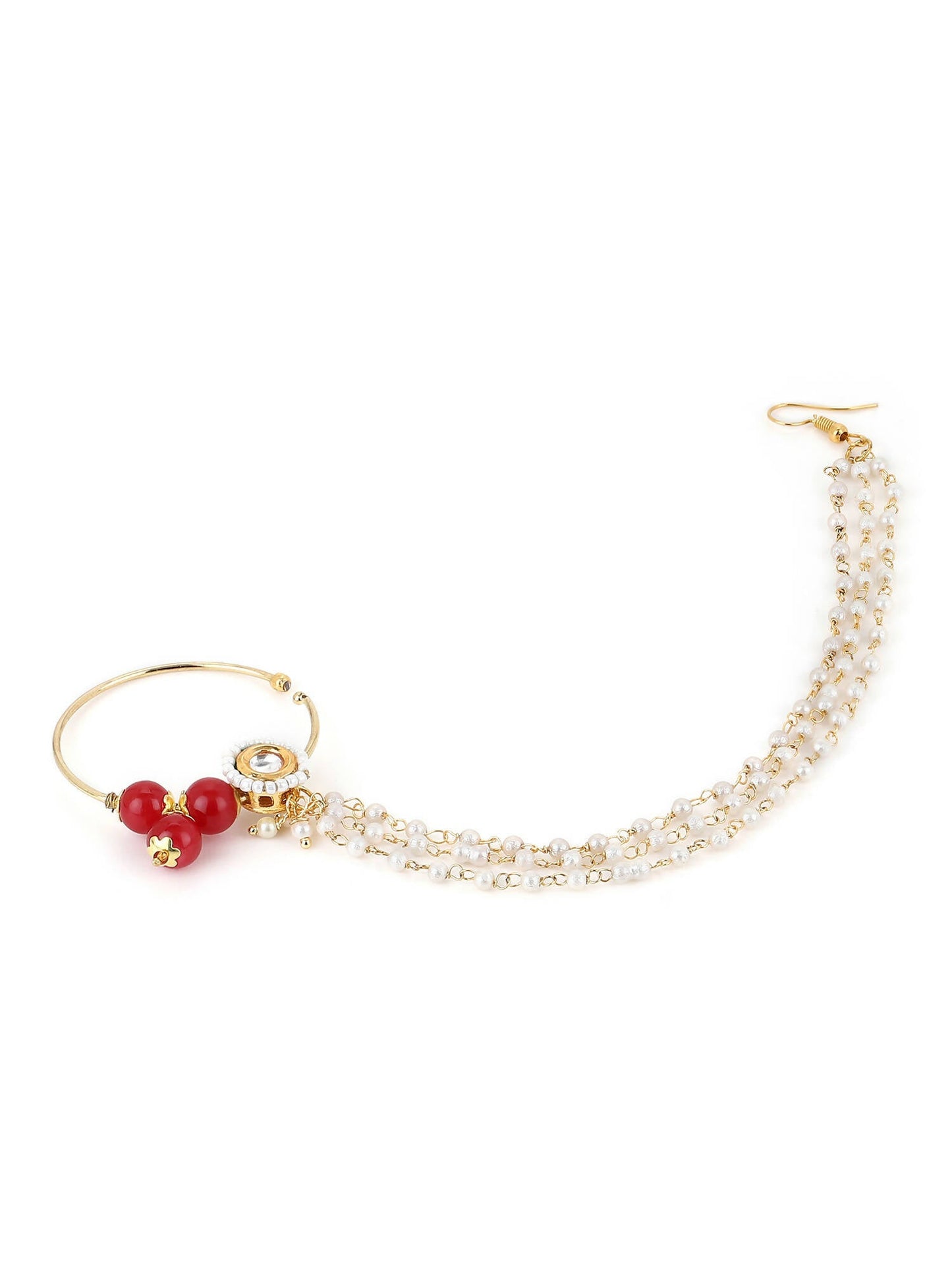 White Red Gold-Polished Kundan-Studded Beaded Nosepin - Ruby Raang