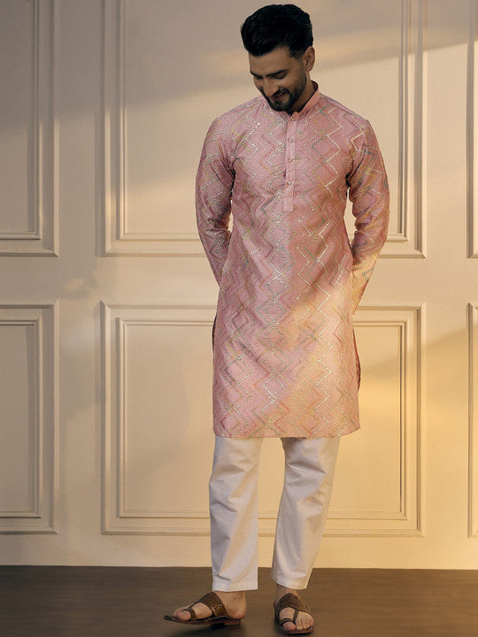 Anouk Pink Chevron Embroidered Gotta Patti Mandarin Collar Pure Cotton Straight Kurta