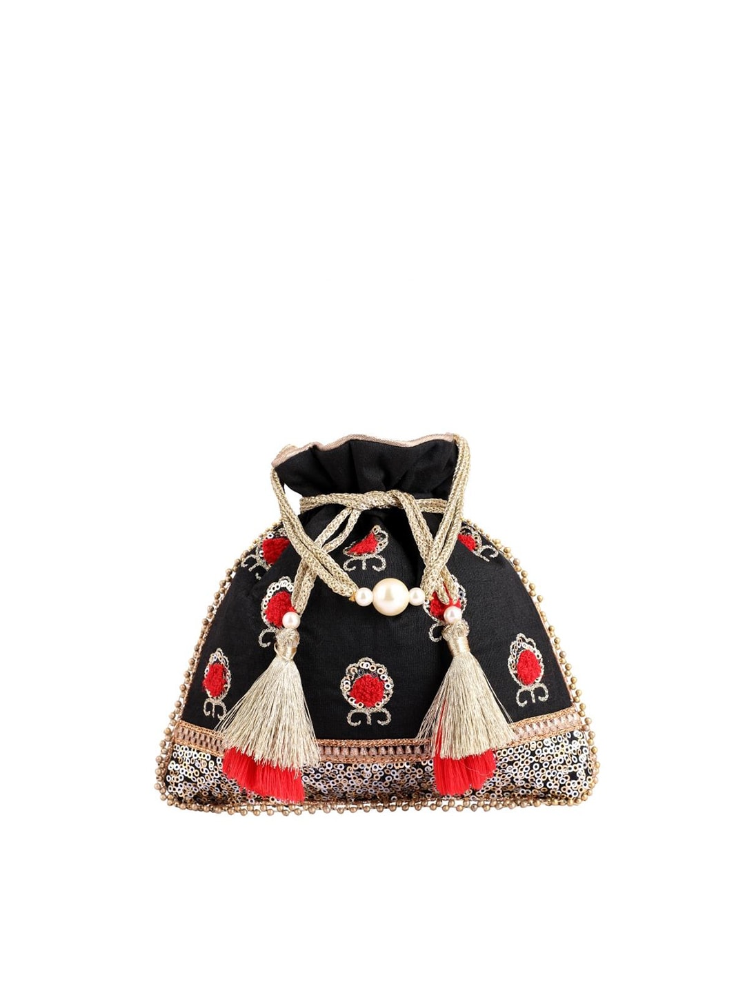 Masq Black & Red Embellished Embroidered Potli Clutch