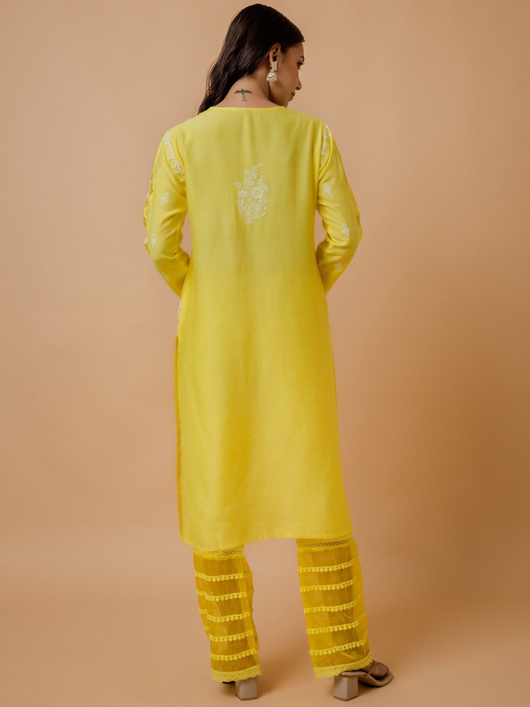 HOUSE OF KARI Ethnic Motifs Embroidered Round Neck Chikankari Chanderi Silk Kurta