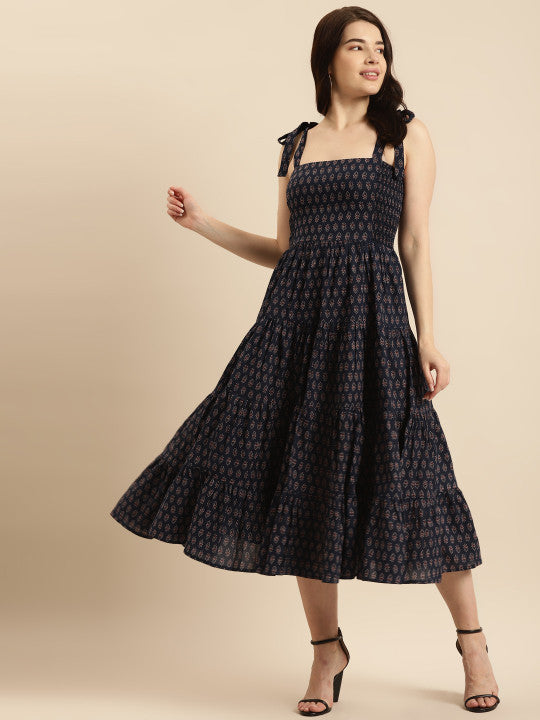 Anayna Navy Blue & Maroon Ethnic Motifs Ethnic Midi Dress