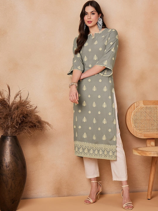 House of Pataudi Ethnic Motifs Embroidered Pure-Cotton Straight Kurta