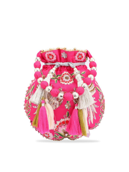 Masq Magenta & White Embroidered Potli Clutch