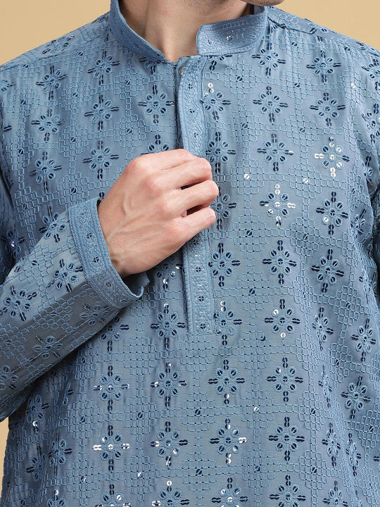 Anouk Turquoise Blue Embroidered Mandarin Collar Sequinned Lucknowi Cotton Straight Kurta