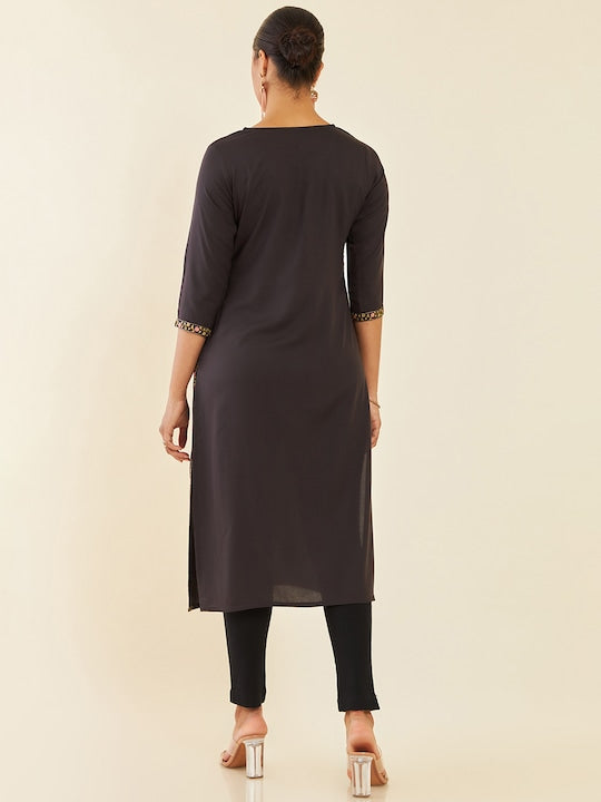 Soch Charcoal Floral Embroidered Straight Kurta
