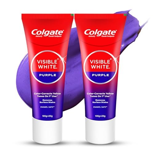Colgate Visible White Purple Toothpaste, Teeth Whitening Toothpaste Whitens Yellow Teeth, Enamel-Safe Daily Use (2 Pack 100g+20g/3.5oz+0.7oz)