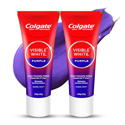 Colgate Visible White Purple Toothpaste, Teeth Whitening Toothpaste Whitens Yellow Teeth, Enamel-Safe Daily Use (2 Pack 100g+20g/3.5oz+0.7oz)
