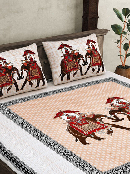 JAIPUR FABRIC Peach Ethnic Motifs Cotton 250 TC Super King Bedsheet With 2 Pillow Covers