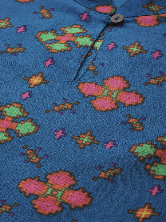 Sangria Women Blue & Green Geometric Print Pure Cotton Longline A-Line Top