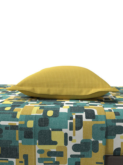 MYTRIDENT Yellow Green Printed Cotton 144 TC Queen Bedsheet With 2 Pillow Covers