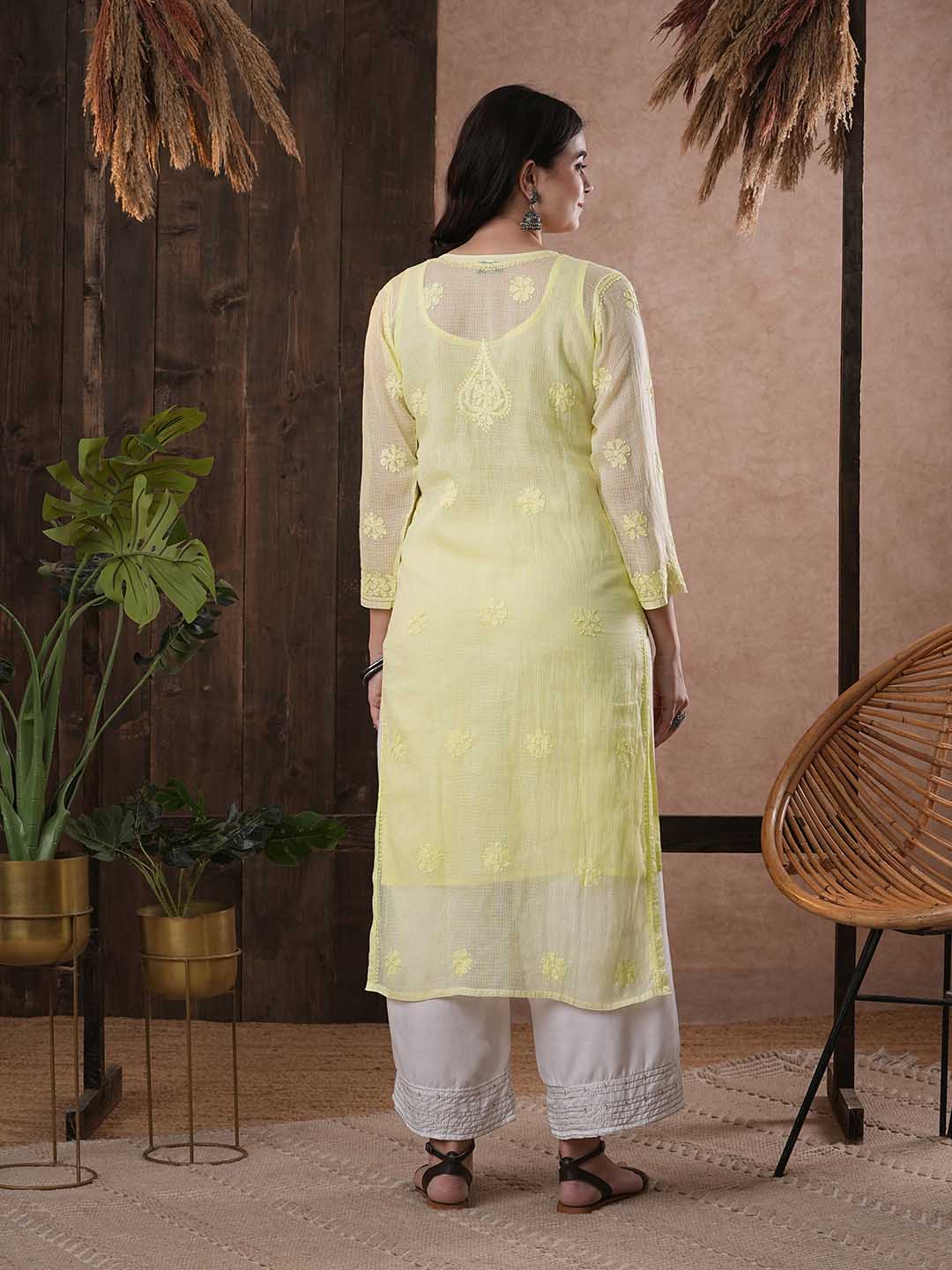 ADA Women Yellow & White Hand Embroidered Chikankari Sustainable Kota Handloom Kurta With Matching Slip