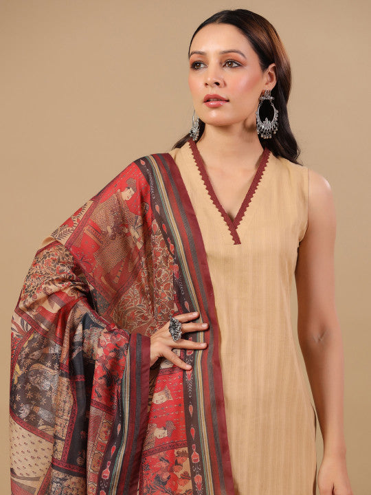 Anayna Self Design V-Neck Straight Pure Cotton Kurta With Trousers And Dupatta