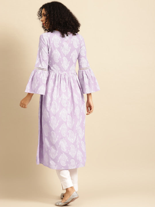 Anayna Women Lavender & White Paisley Screen Print Bell Sleeves Cotton Pastels Kurta