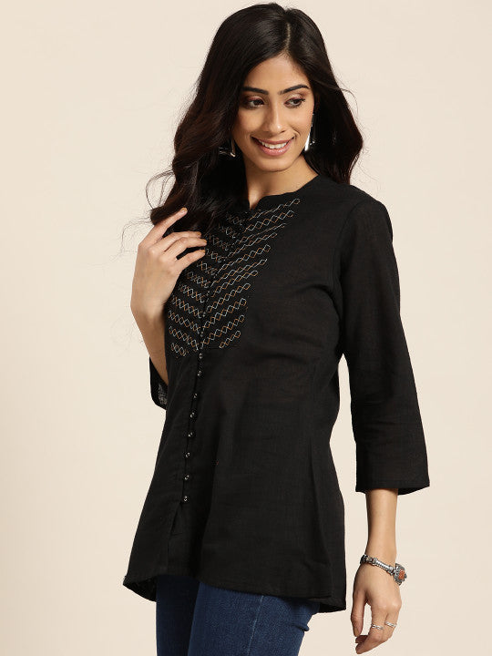 Sangria Women Black Geometric Yoke Embroidered Mandarin Collar Regular Top