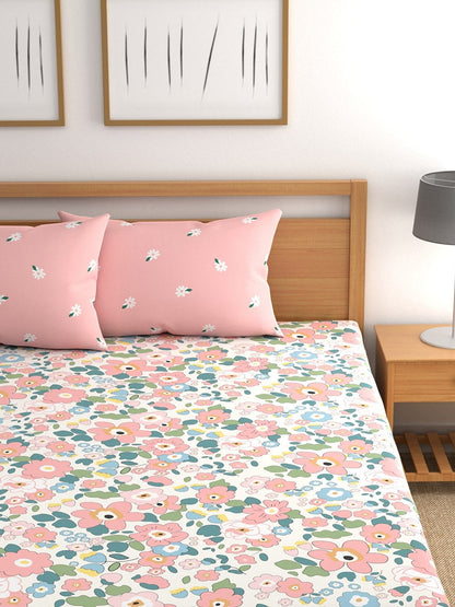 CHHAVI INDIA White & Pink Floral Ultra Soft 210 TC King Bedsheet with 2 Pillow Covers