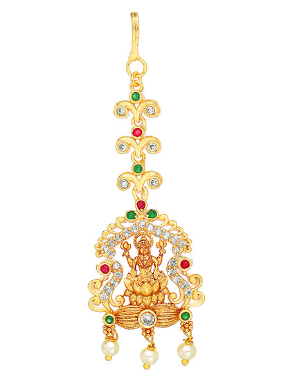 Yellow Chimes Women Gold-Polished White & Red Ad Studded Handcrafted Maang Tikka