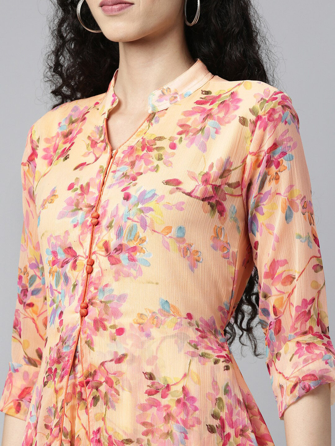Souchii Peach-Coloured Floral Layered Chiffon Beautiful A-Line Midi Dress