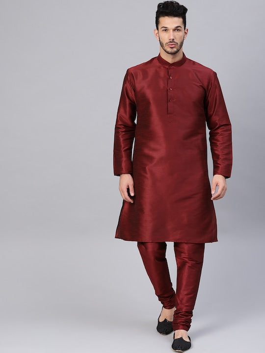Sojanya Men Maroon Solid Straight Kurta with Churidar