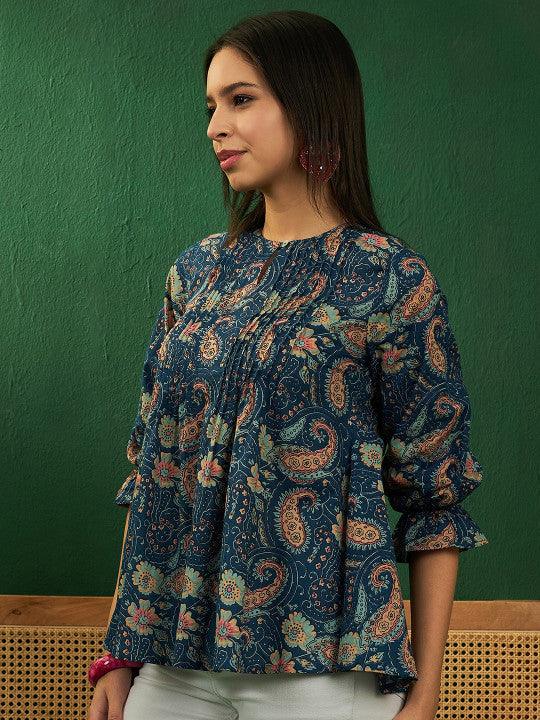 Sangria Paisley Printed Keyhole Neck Puff Sleeves Pleated A-Line Cotton Top