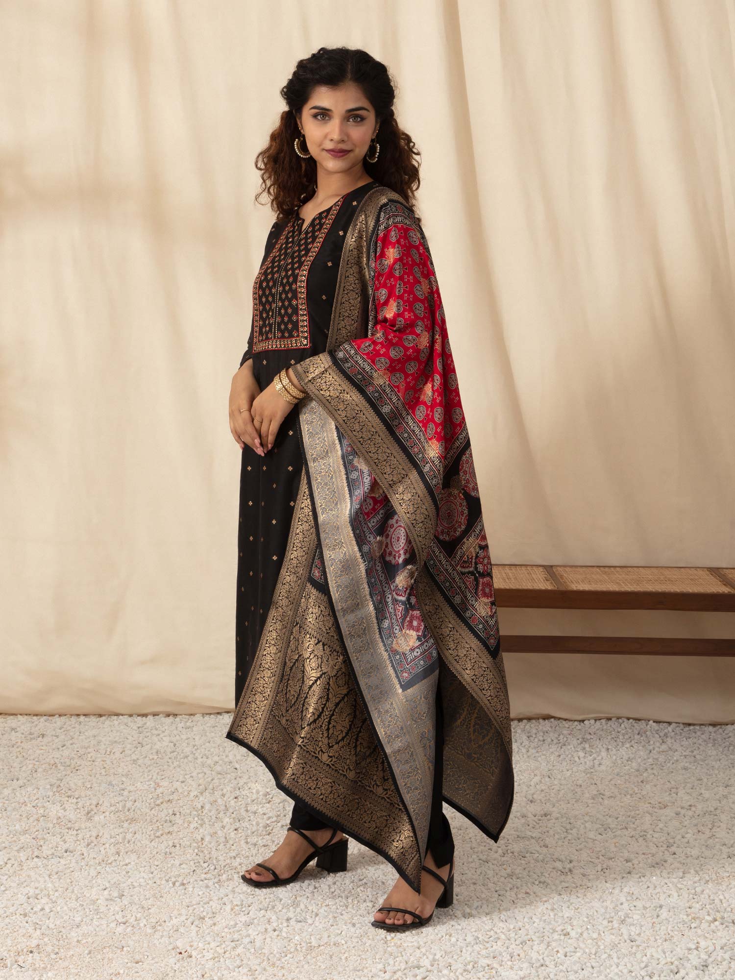 Likha Black Embroidered Kurta Pant set with Brocade Dupatta LIKSKD52 (Set of 3)