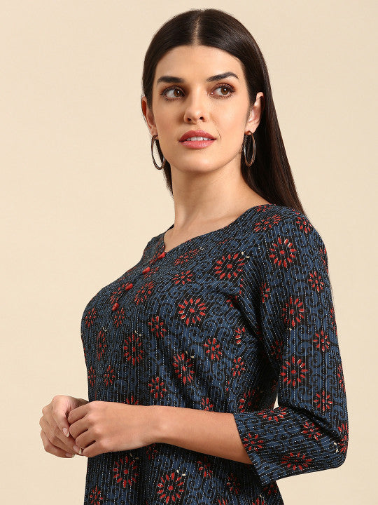 Anayna Women Navy Blue & Red Floral Printed Dobby Cotton Kurta