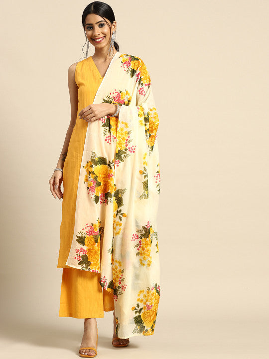 Anayna Women Mustard Yellow & Green Pure Cotton Kurta with Palazzos & Dupatta