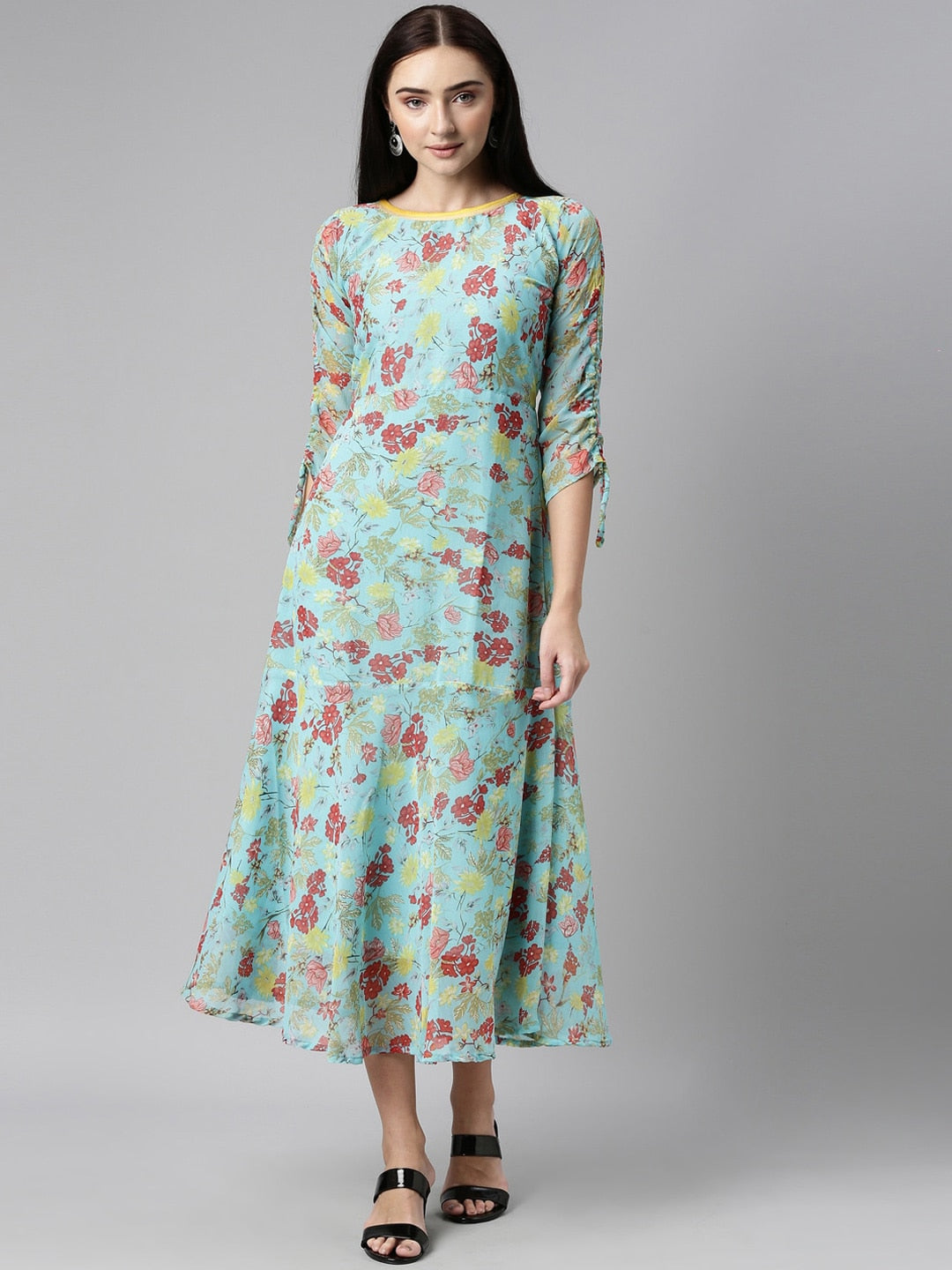 Souchii Blue Floral Printed Chiffon A-Line Midi Dress